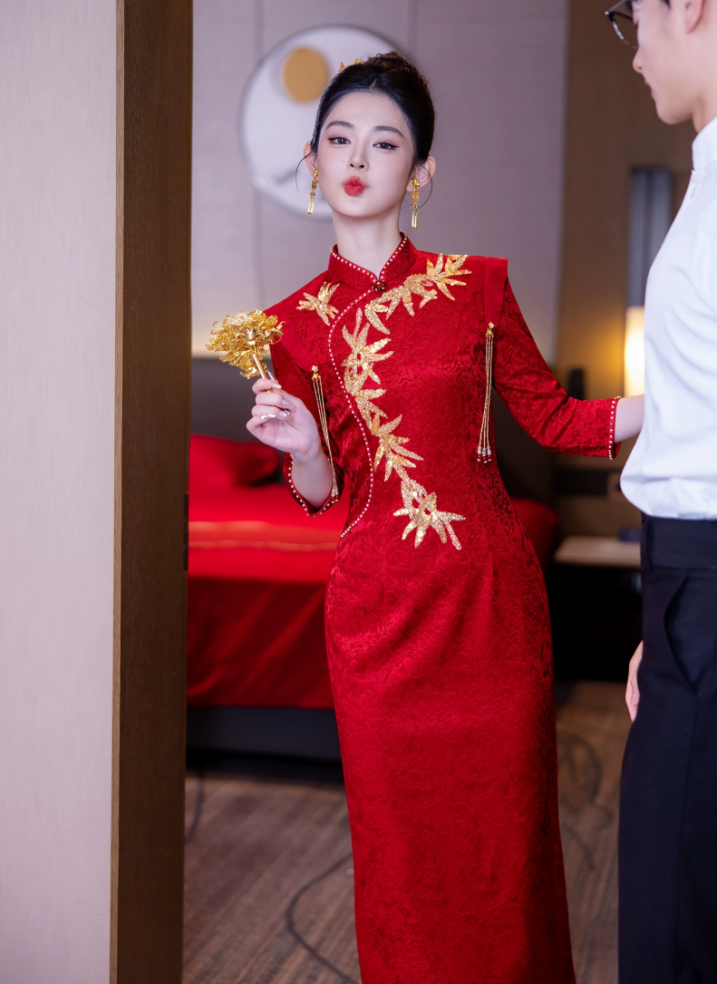 【嫣然】秋季敬酒服新娘高端大气婚礼红色旗袍新中式订婚礼服结婚