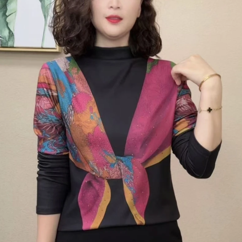 【现货】新款秋冬季女士拼色印花上衣半高领洋气显瘦长袖内搭打底衫