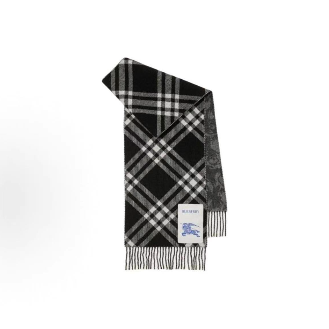 99新 BURBERRY/博柏利 黑白格纹双面 山羊绒围巾 