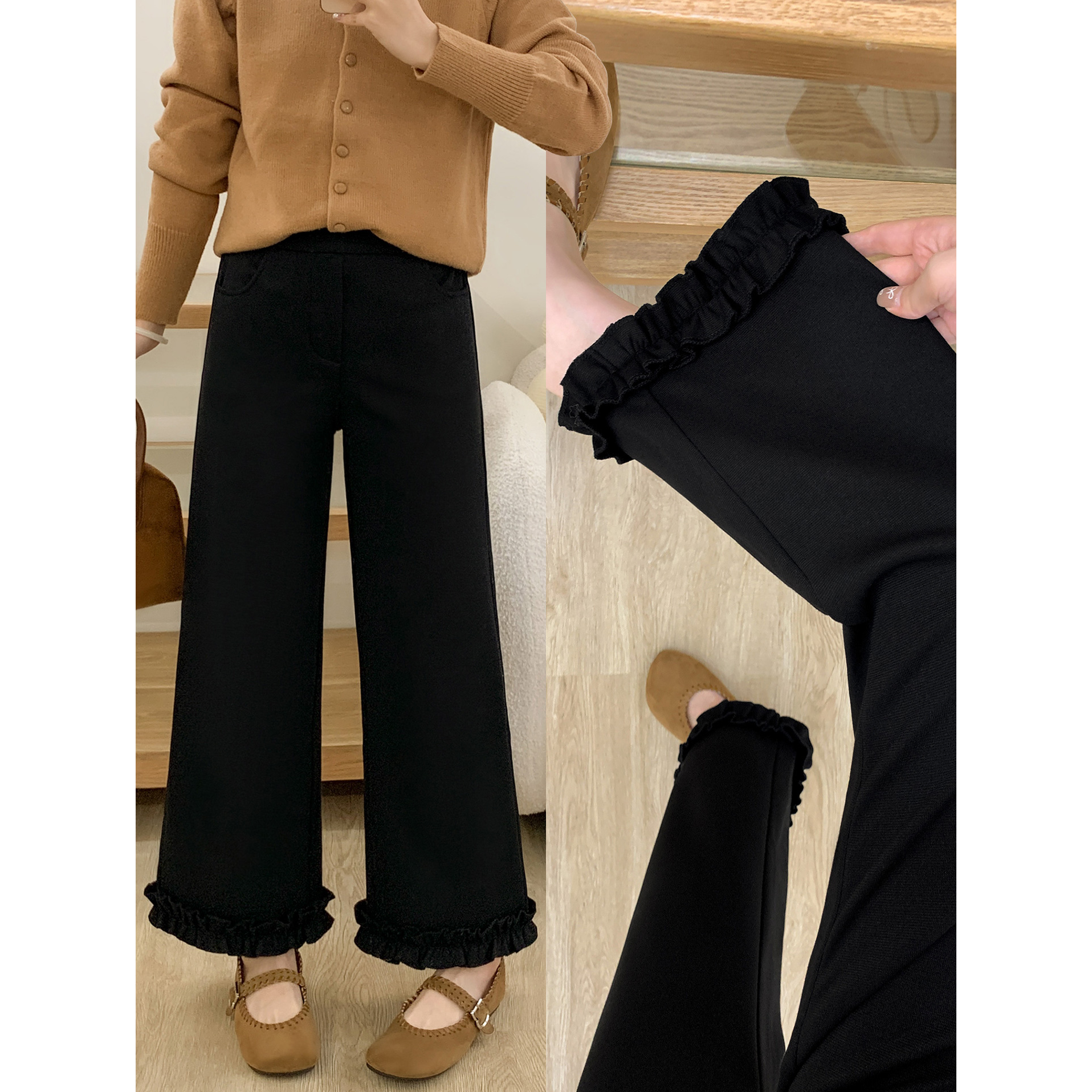 黑色木耳边休闲裤女秋冬加绒加厚小个子阔腿裤高腰宽松显瘦梧桐裤
