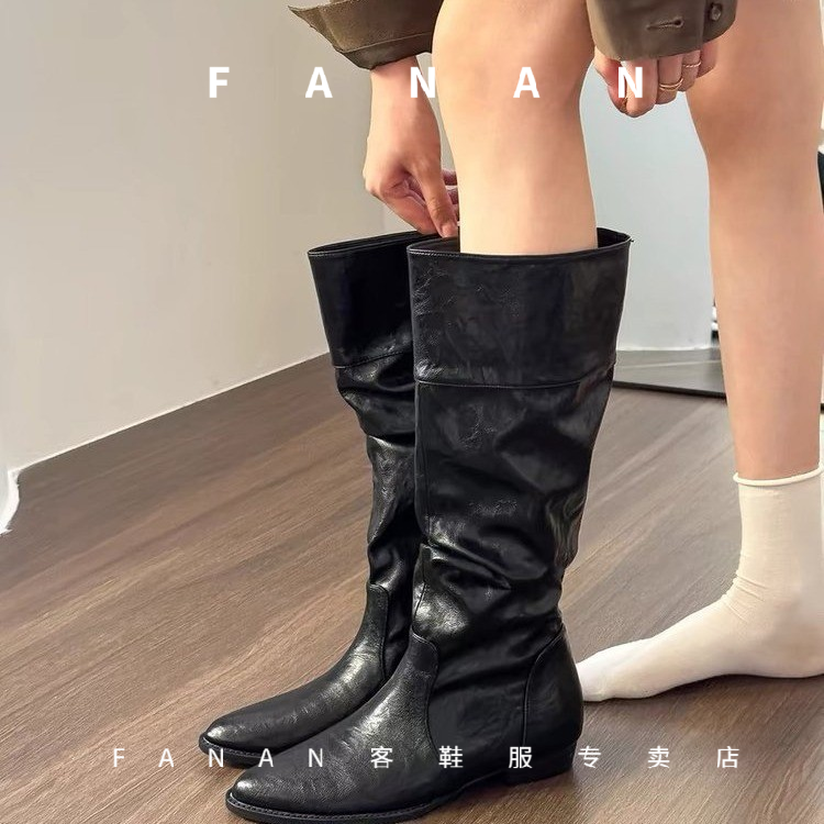 小个子复古尖头内增高长筒靴女靴不过膝高筒长靴辣妹骑士靴瘦瘦靴