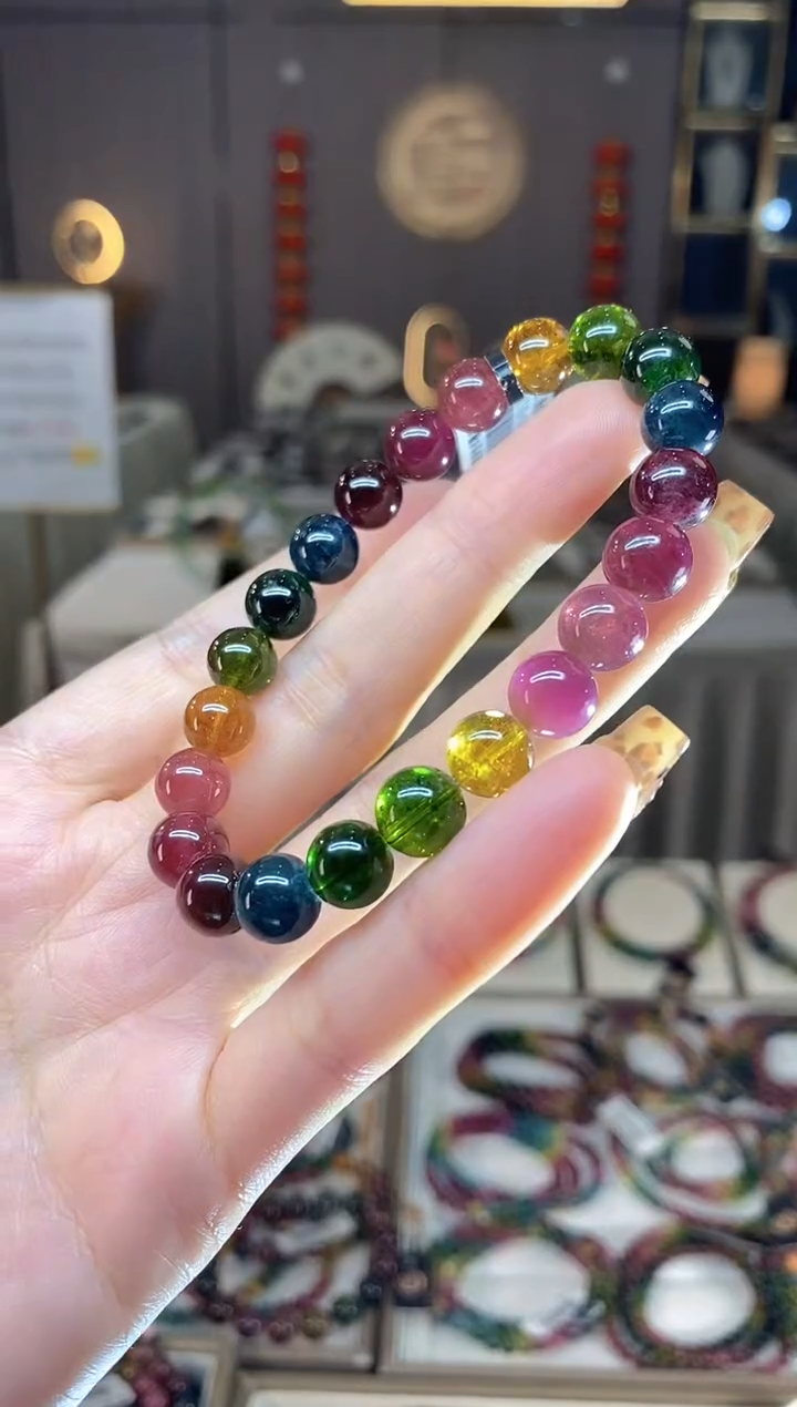 未镶嵌老矿碧玺色标彩虹单圈手串8mm+碧玺dan多样性发货一条