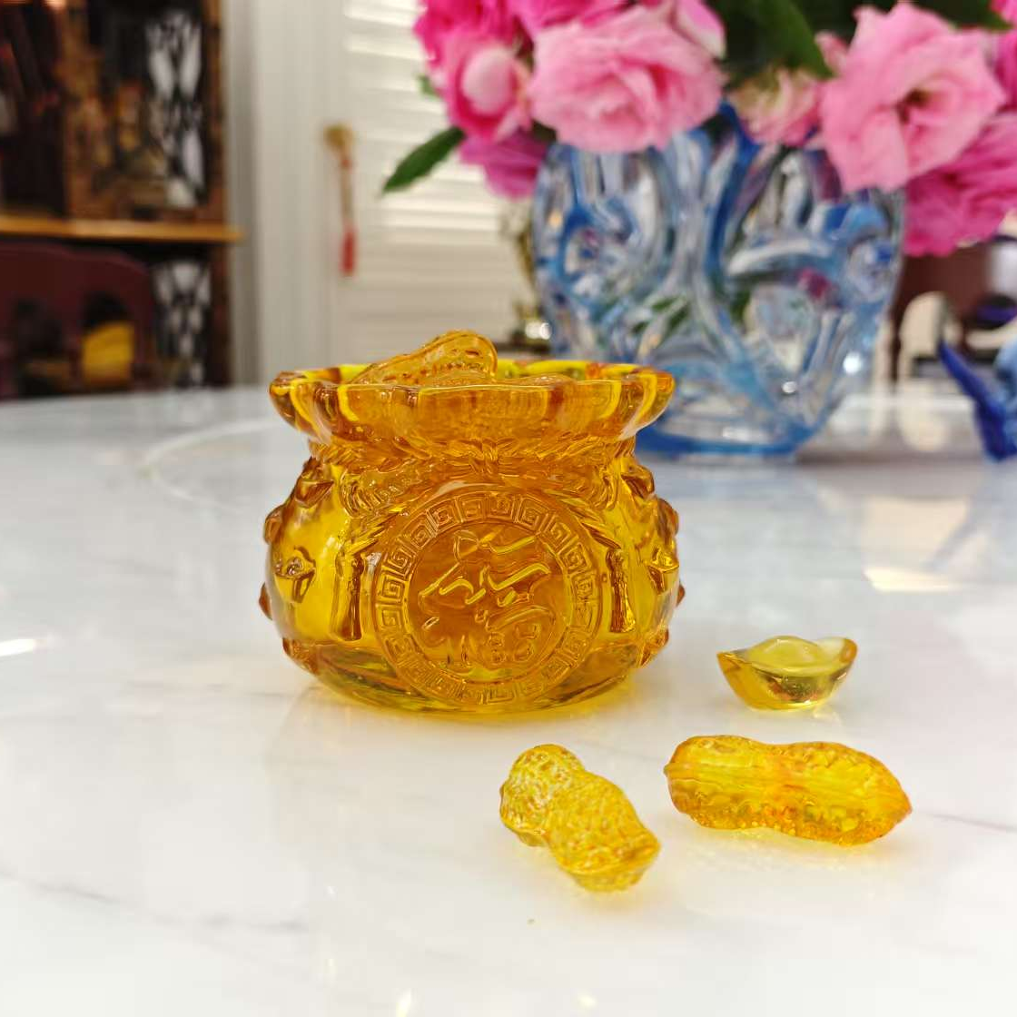 【奇居巍】福字黄色玻璃水晶钱袋摆件 组合