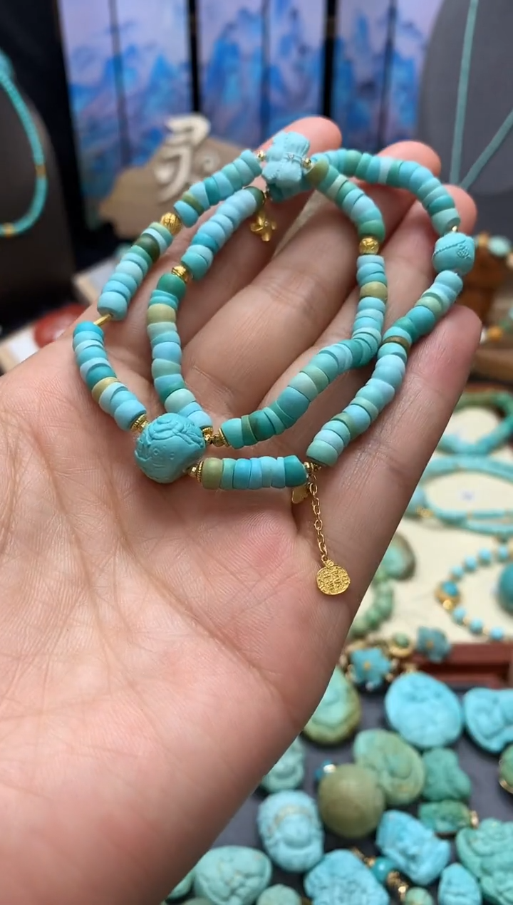 【闪购商品】绿松石手链18K金镶嵌高瓷绿松石大肠双圈