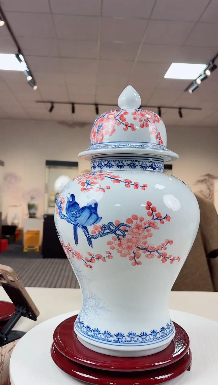 壶陶瓷青花花鸟将军罐+底座