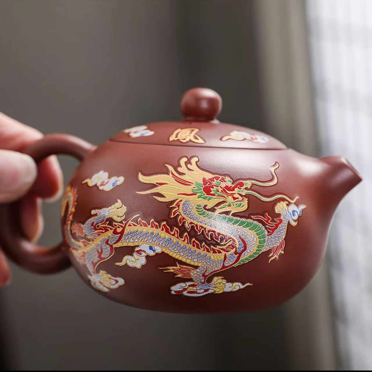 高档大红袍龙凤呈祥紫砂变色西施茶壶1376