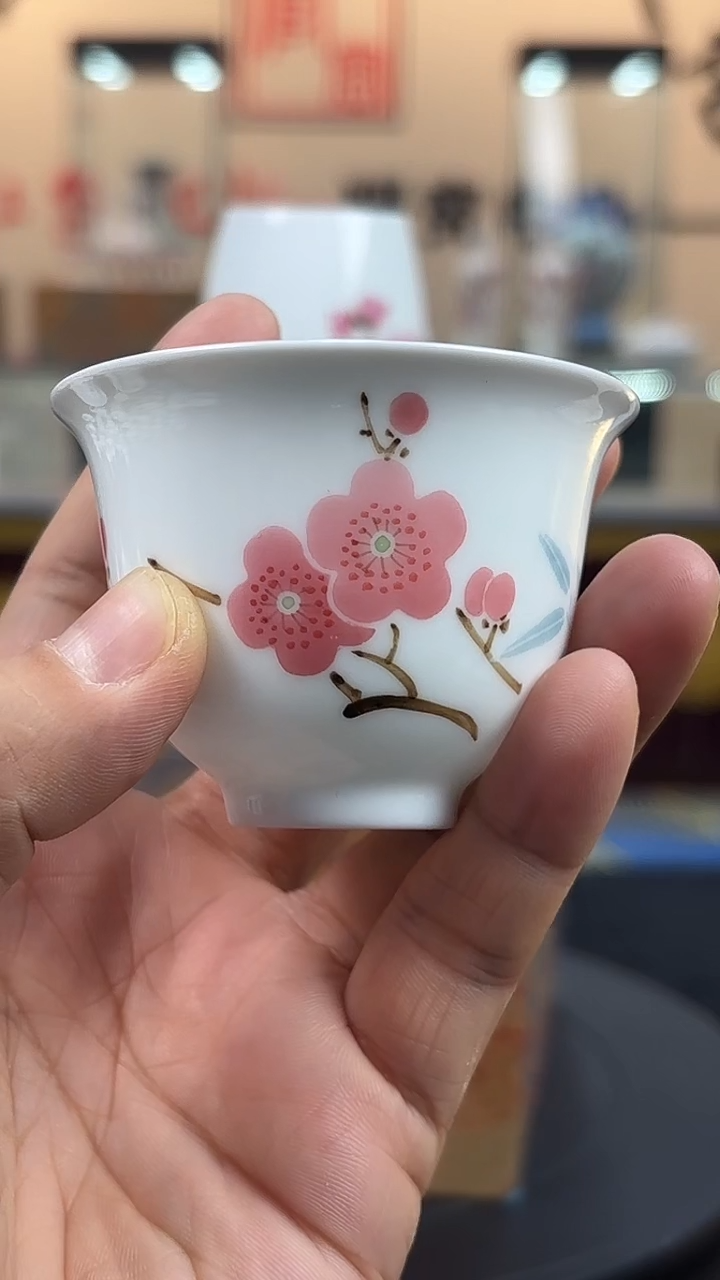 杯子瓷翠竹红梅铃铛杯