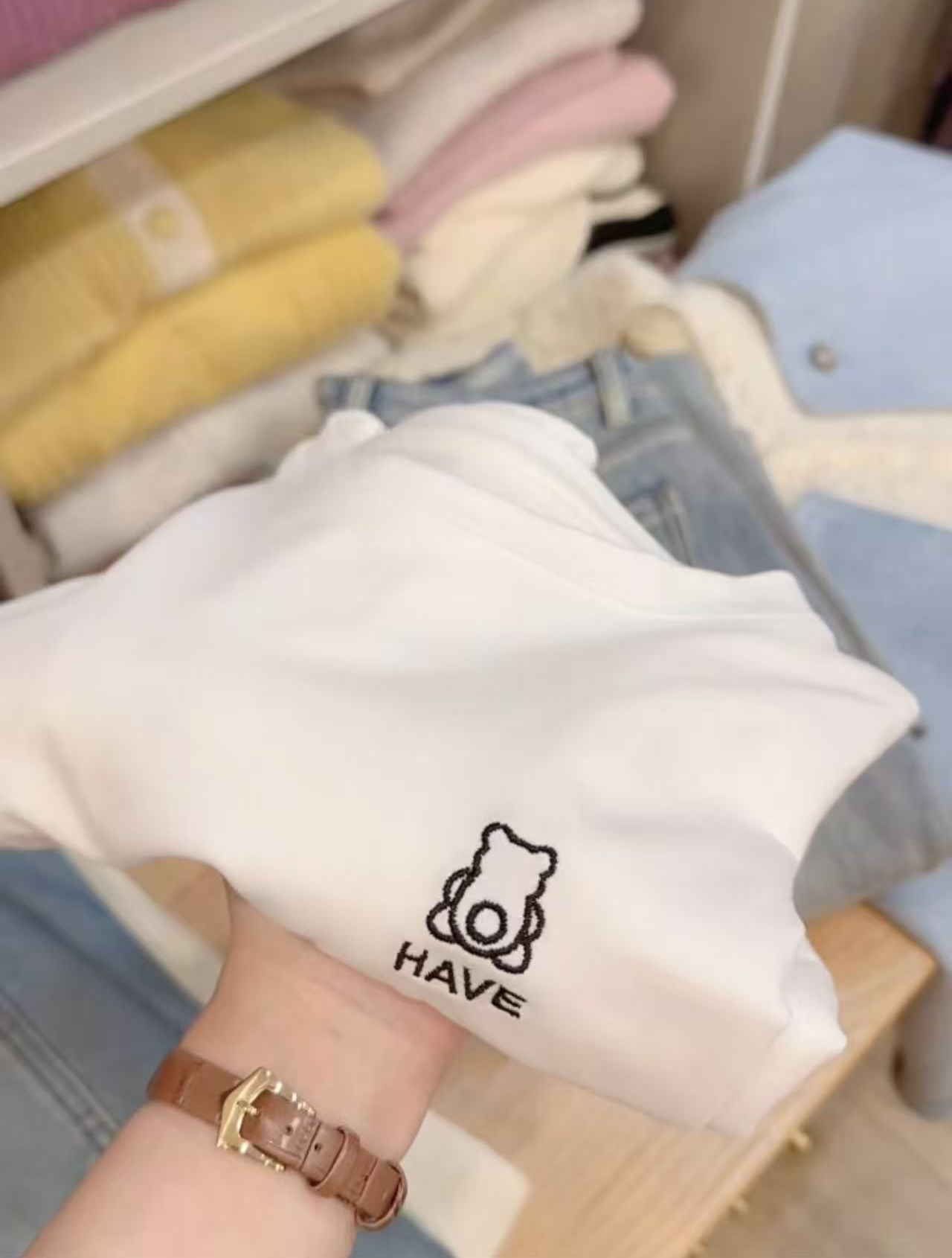 七言家  新年快乐！春天的第一件刺绣抱抱熊T恤9003