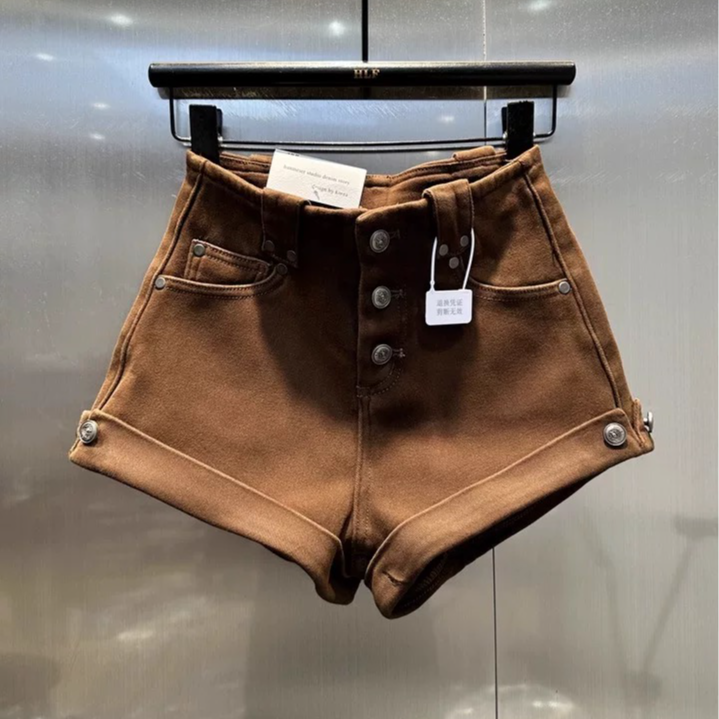 原创设计机车风复古性感弹力包臀水洗铆钉工装牛仔短裤显腿长热裤