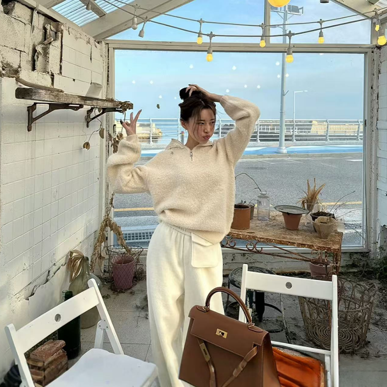【硬货】5186时尚百搭慵懒风连帽加厚纯色宽松型针织女毛衣
