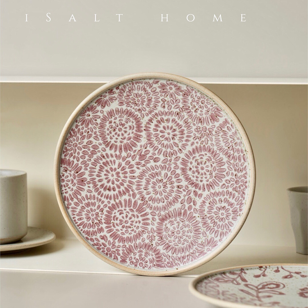 手作八重菊餐盘.粗陶青花铁锈红早餐盘陶瓷菜盘复古盘子/出丹麦