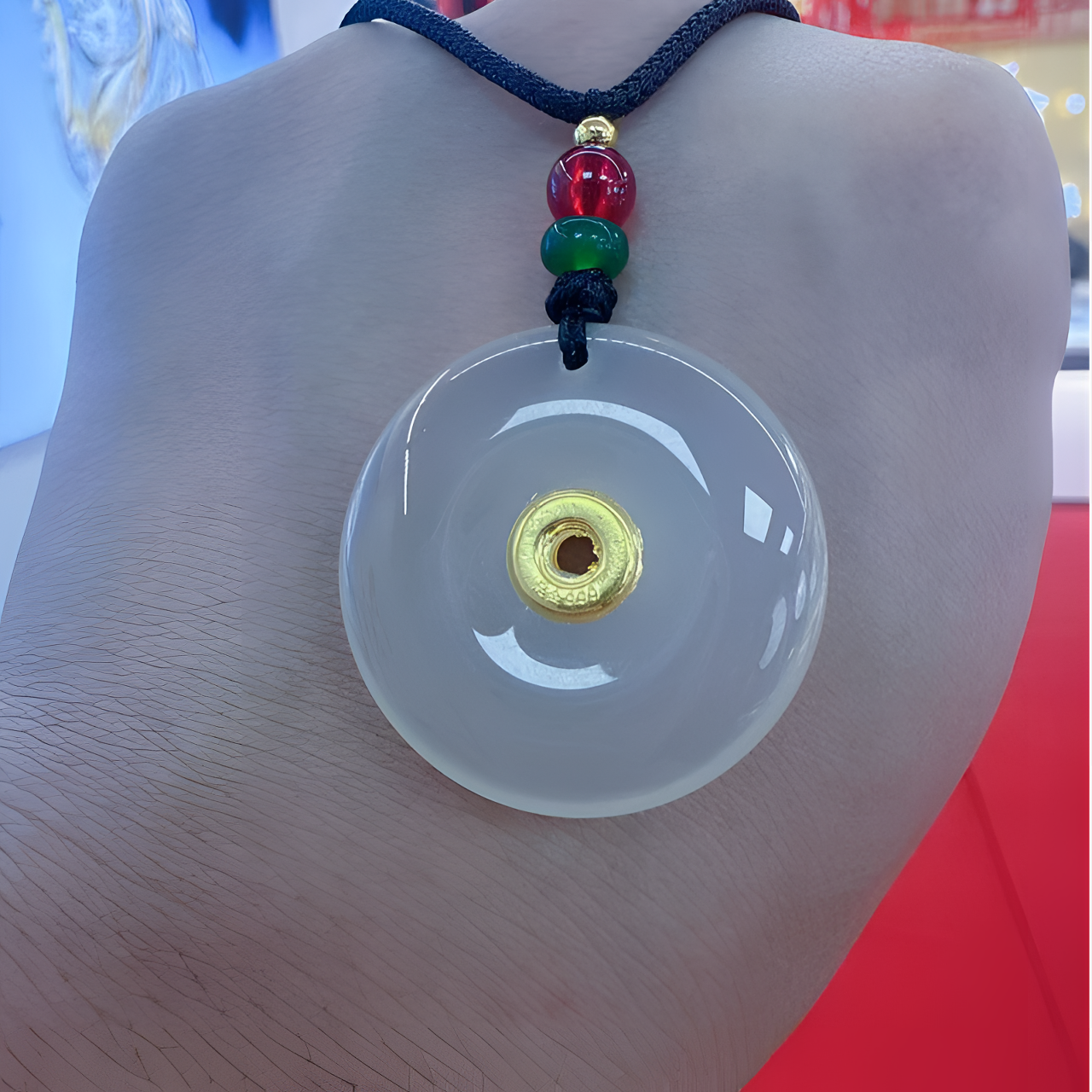 2025新款 真 金 镶玉髓平安扣玉石吊坠+绳子+证书+礼盒+古法手镯