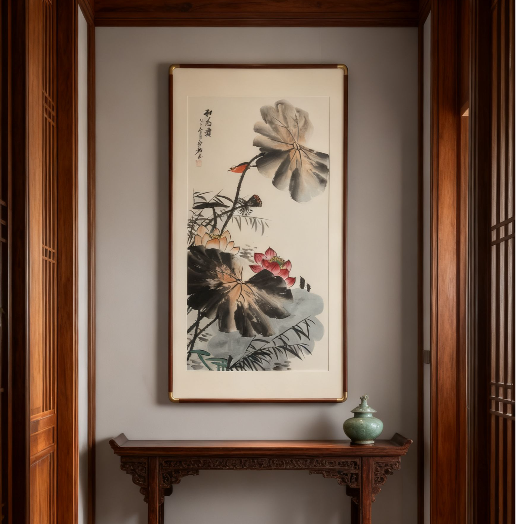 和为贵新中式荷花画竖版装饰画适合客厅茶室玄关走廊挂画120*60