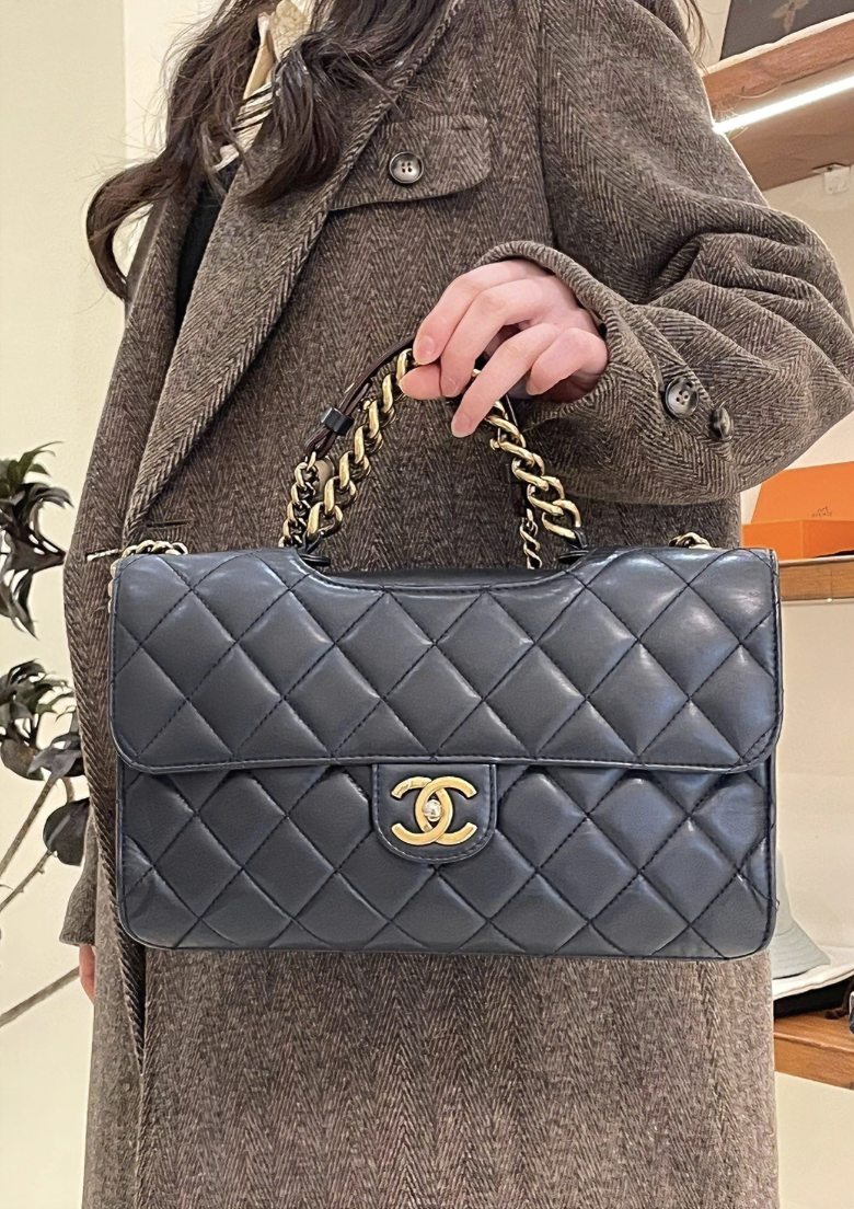 95新 Chanel/香奈儿 蓝金菱格孟买单肩链条包 底长30 17开