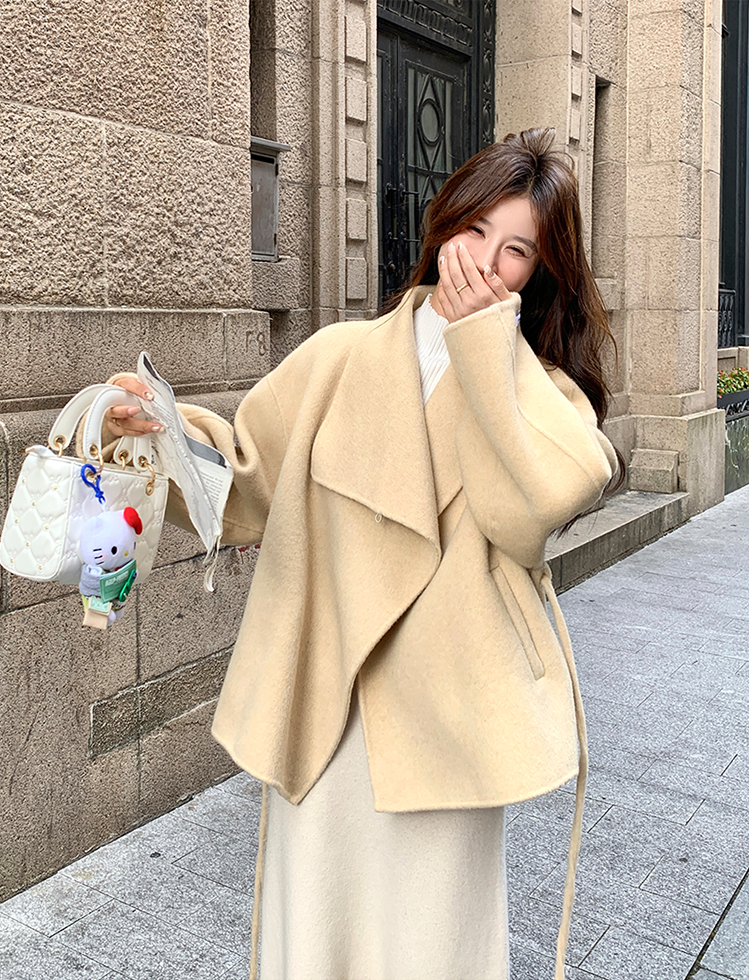 韩系斜翻领双面绵羊毛大衣外套女2025新款收腰绑带宽松显瘦