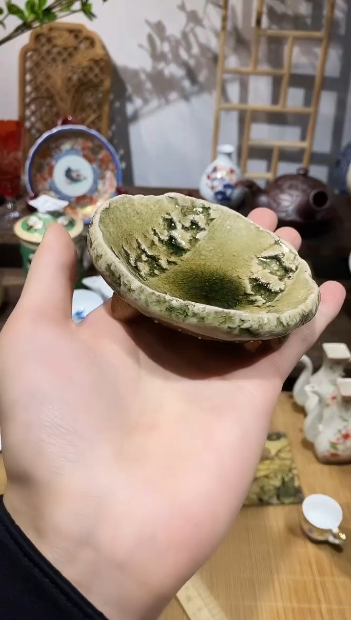 瓷片粗陶结晶釉三足杯托