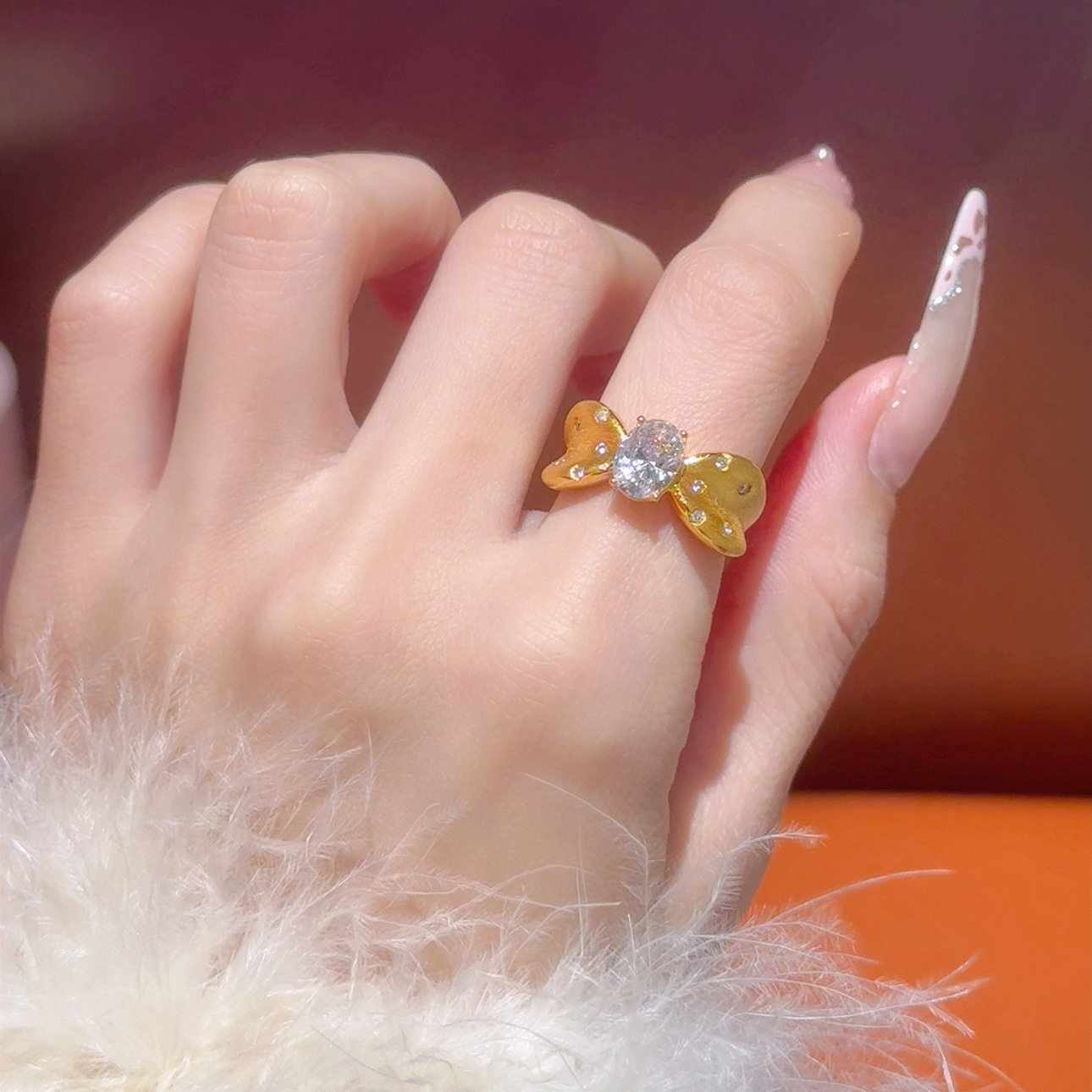 合成锆石2017 足金戒指在逃公主蝴蝶结镶嵌戒指 镶嵌锆石金戒指女