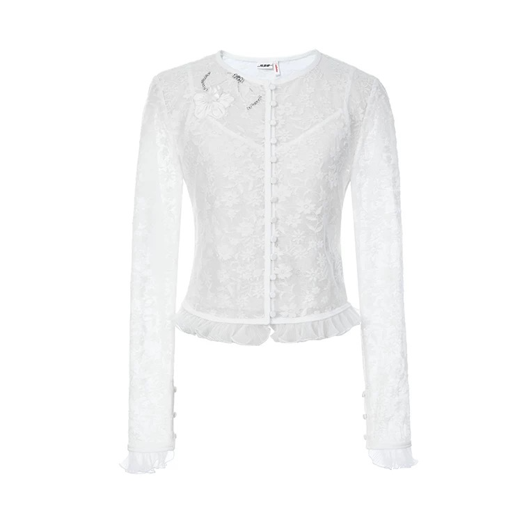 LeFame/拉飞姆2025春提花两件套上衣蕾丝气质白色LF25C31SB185