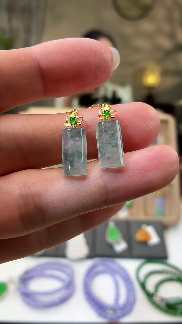 吊坠(不含链)18K金镶嵌翡翠耳饰一对