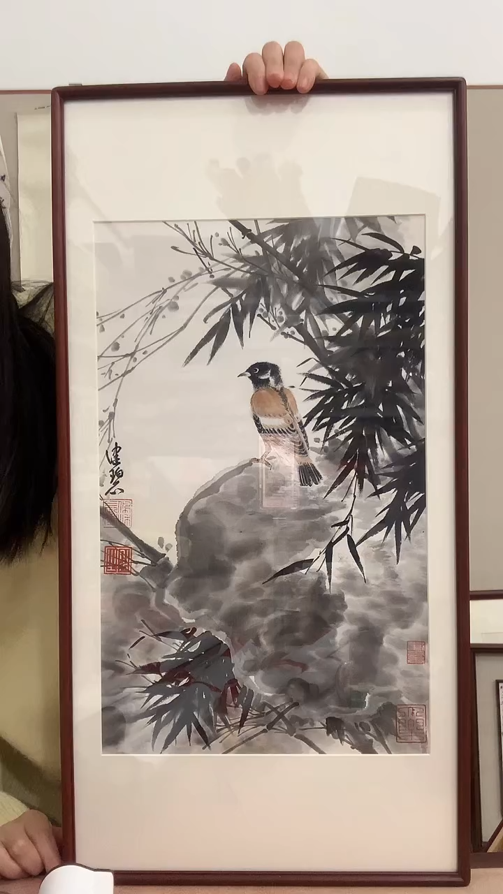 【闪购商品】国画J陈老师国画镜框一件 墨竹鸟