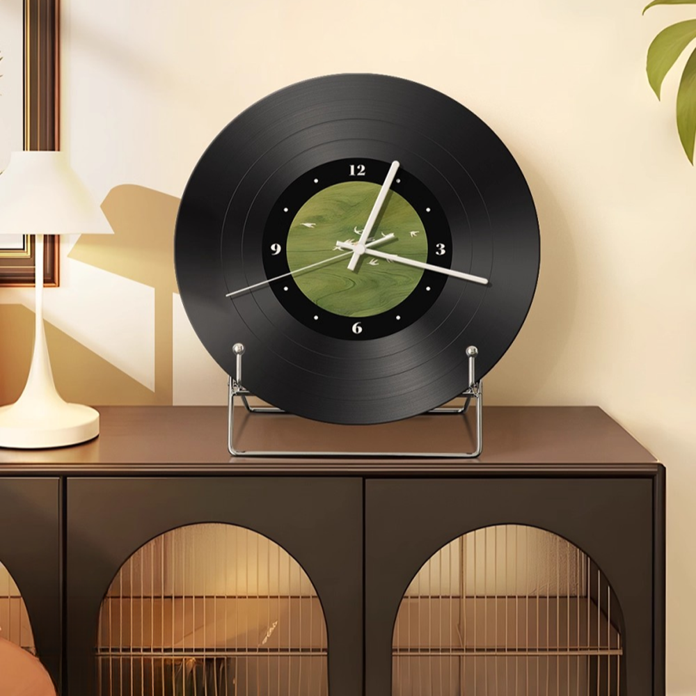 中古风黑胶唱片时钟客厅摆件挂画桌面钟表创意静音挂墙挂钟装饰画
