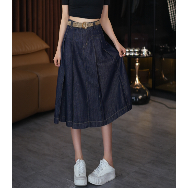 夏季宝蓝色百褶牛仔半裙女莱赛尔编织腰带高腰显瘦百搭A字