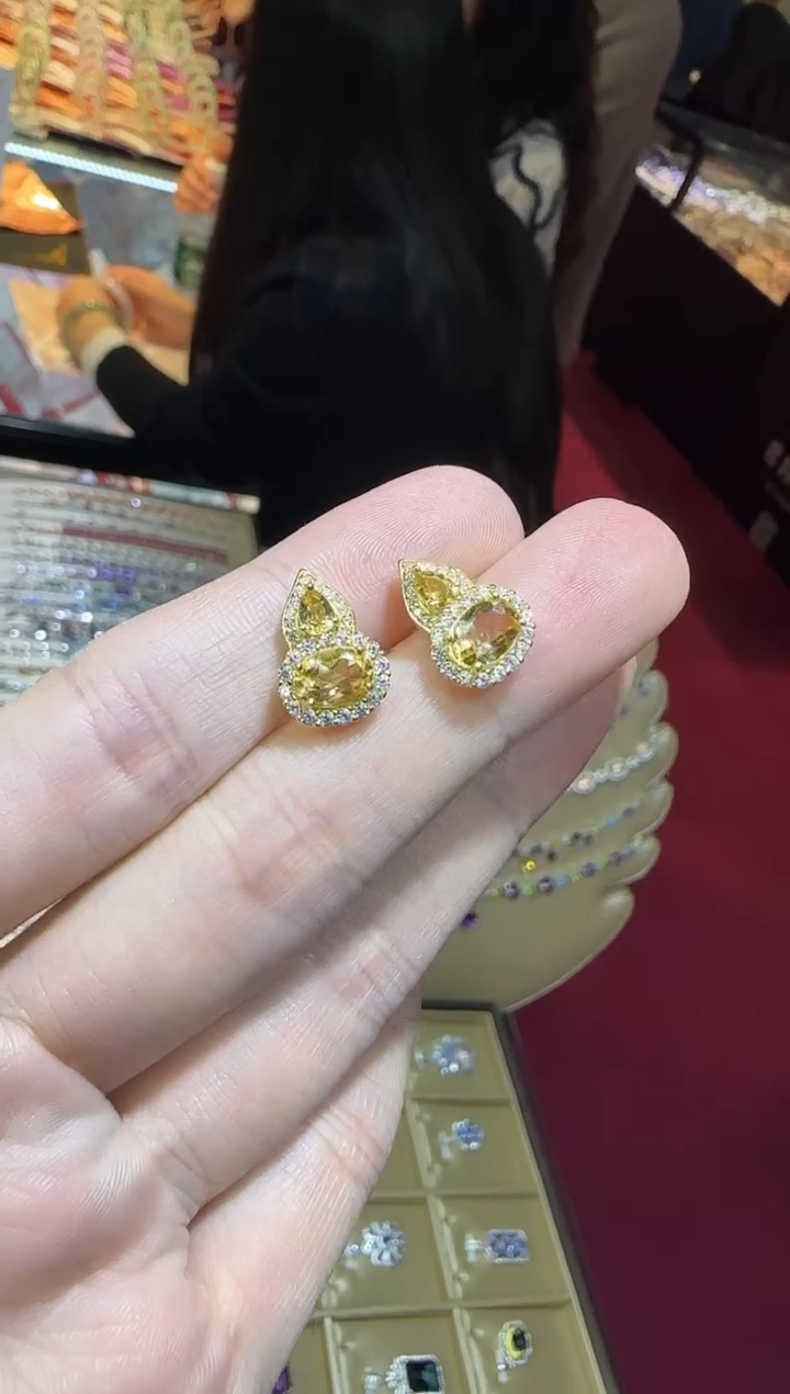 银S925镶嵌耳饰黄晶耳钉葫芦