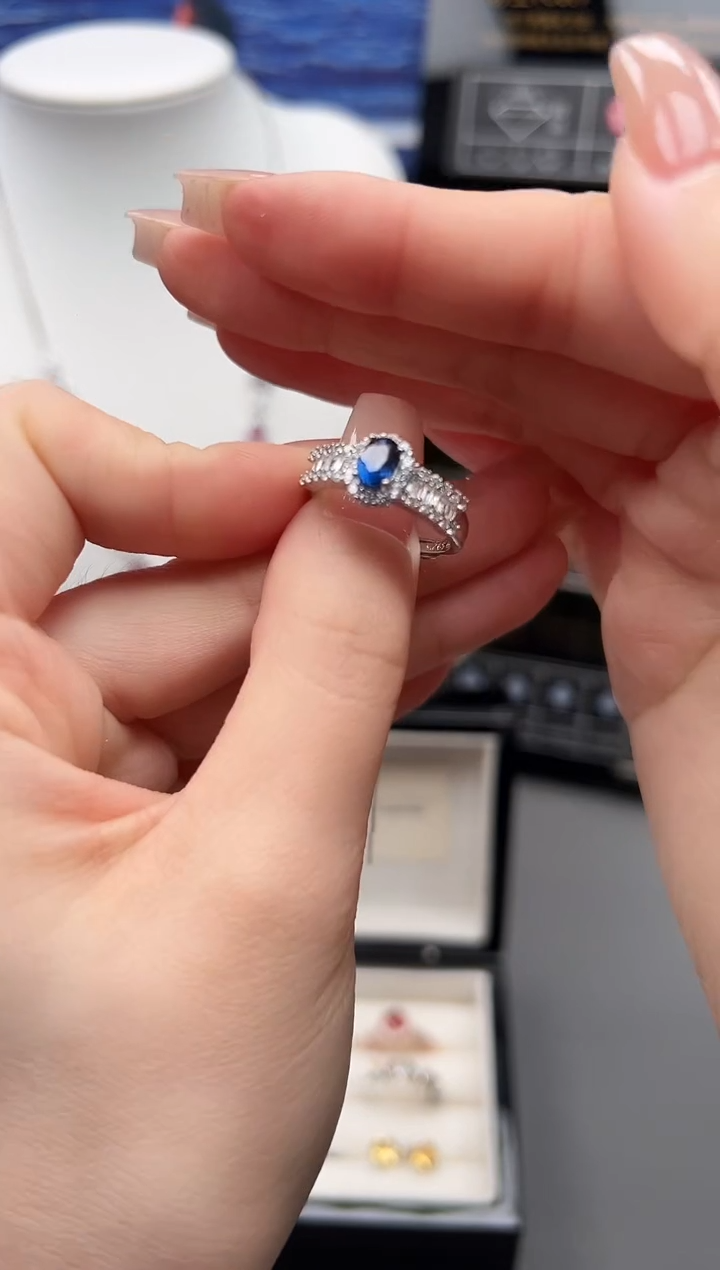 戒指蓝宝石银S925镶嵌32