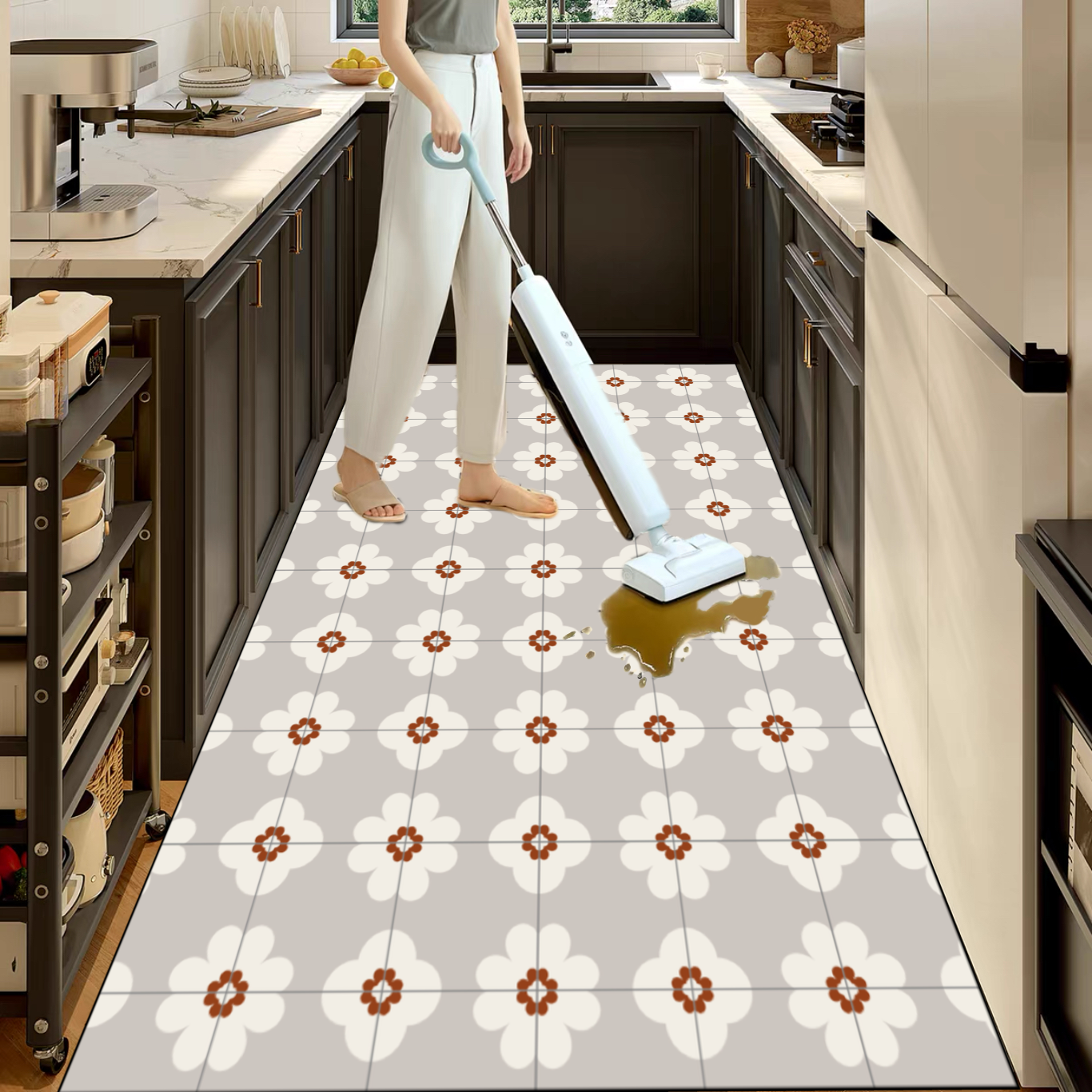 印象【碎花】皮革厨房专用地垫防水防污防滑脚垫可擦洗满铺地垫