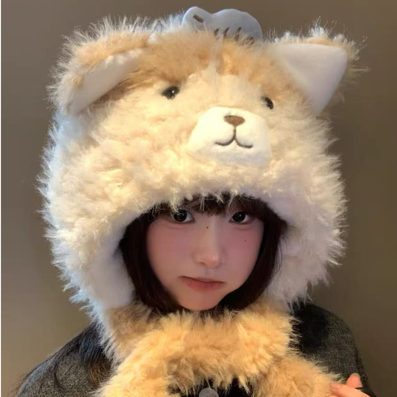 动耳三花猫可爱学生百搭拼色冬季毛绒帽子防风抗寒骑车显脸小加厚