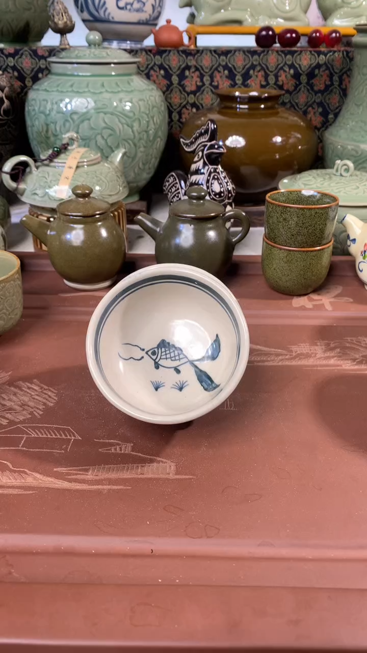 耀州窑微瑕釉下彩白底蓝花大茶杯9.5CM100CC一只