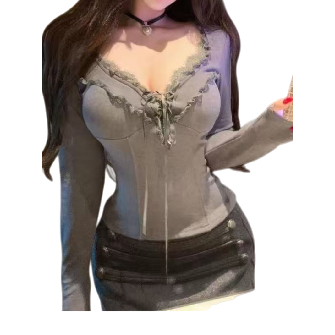 麦麦家 收腰拼接系带女内搭打底上衣t恤