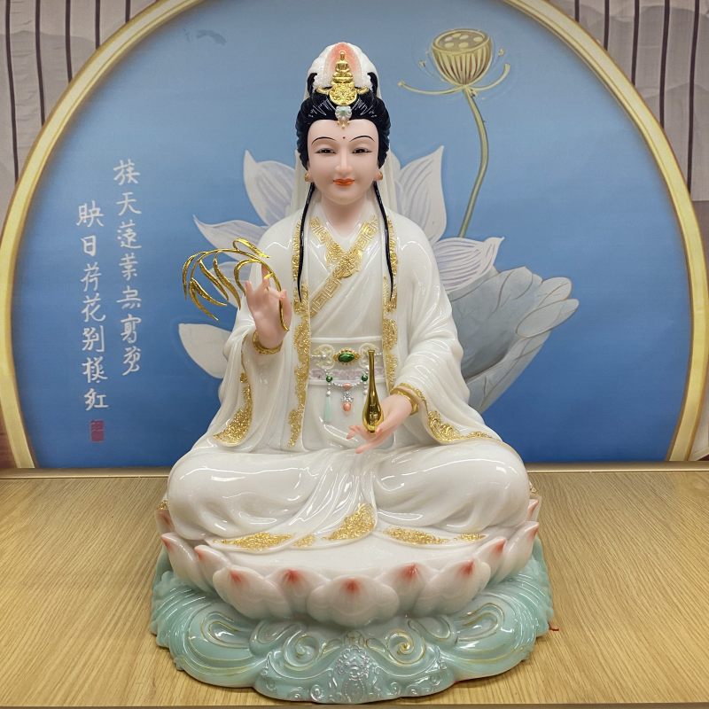 南海妙善观音菩萨合成汉白玉家用摆件