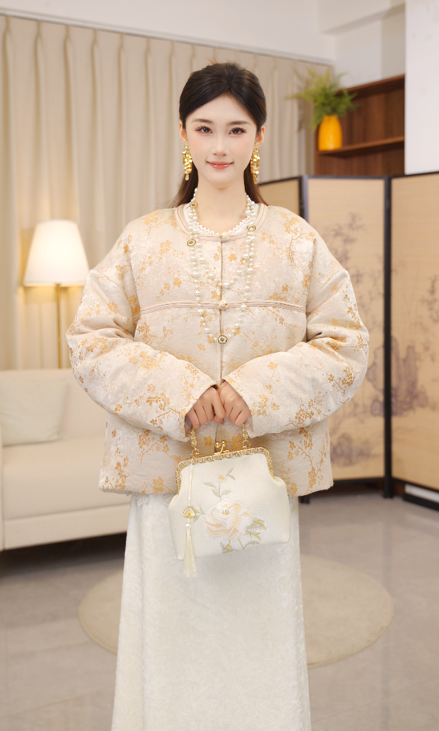 LULOZ【如玉禅香】冬季新款粉色90白鸭绒新中式国风短款羽绒服