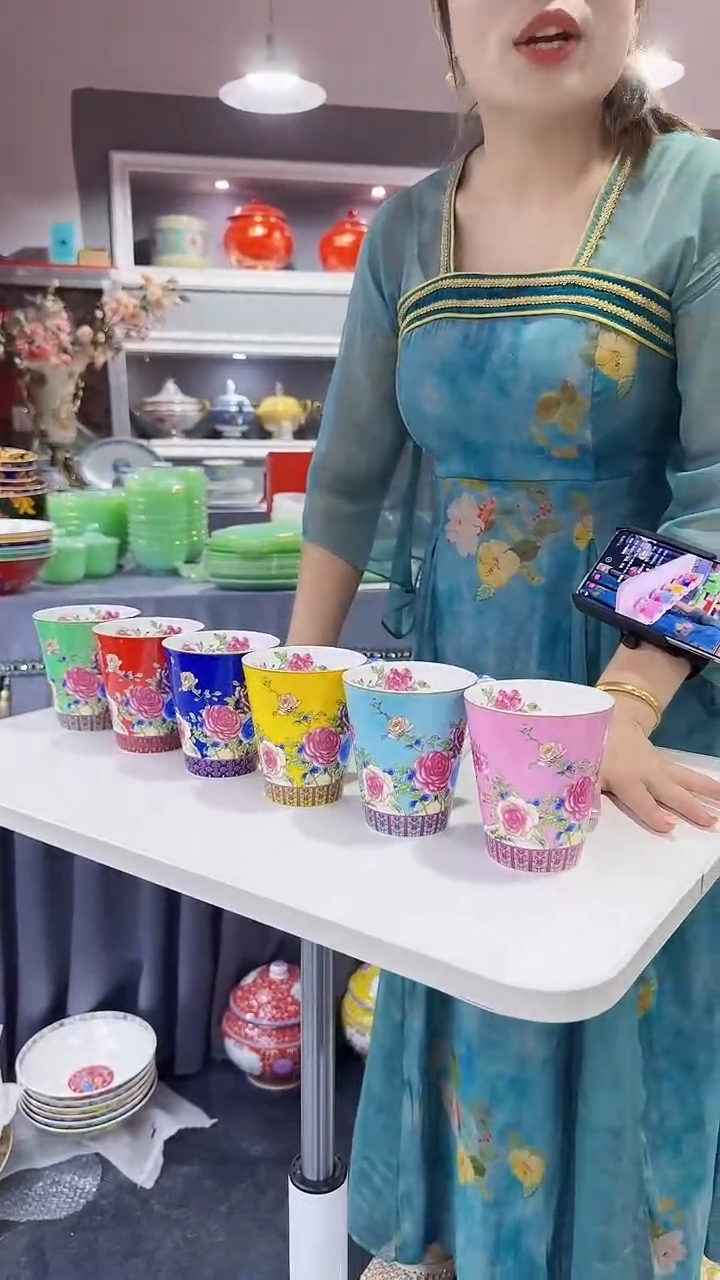 瓷片牡丹花卉杯子6只装景德镇陶瓷
