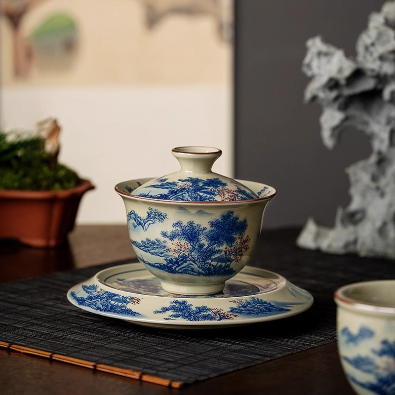 老陶泥江山可染悬停三才盖碗复古中式陶瓷茶碗0681