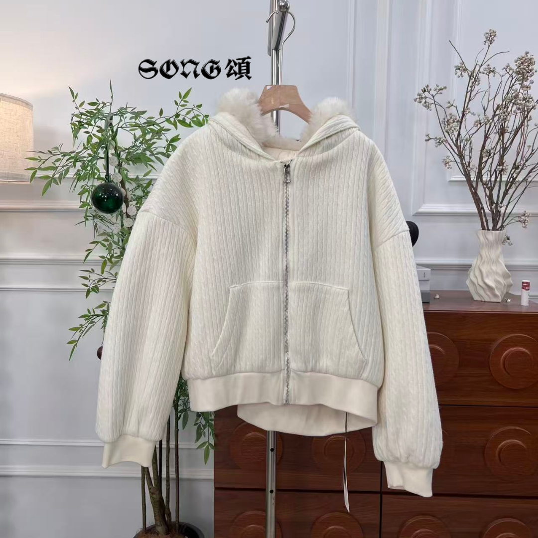 SONG頌 冬季新款韩系慵懒风连帽毛领短外套女宽松显瘦拉链-0224