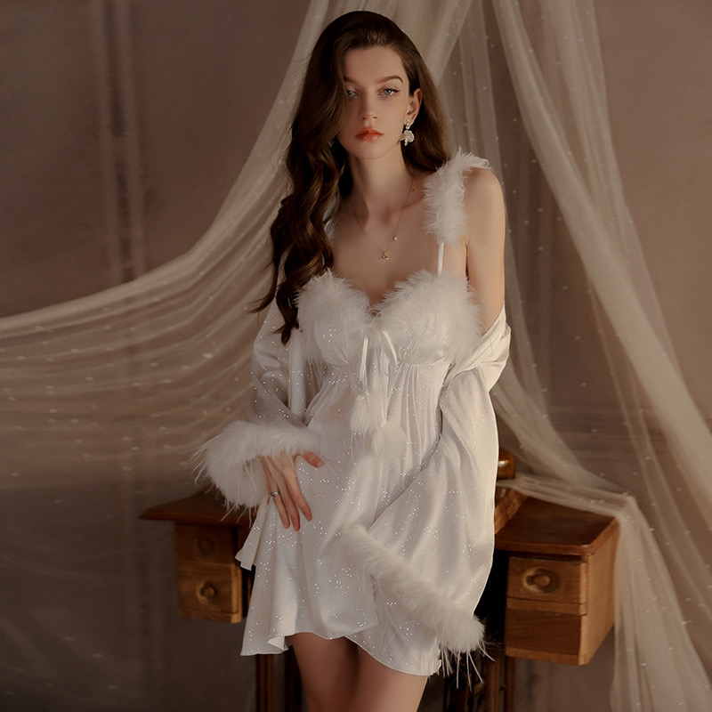 女士性感内衣纯欲风撒银诱惑吊带睡裙外袍大码家居套装蕾丝长袖