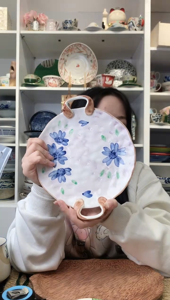 陶瓷【清仓】手绘粉紫花双耳平盘