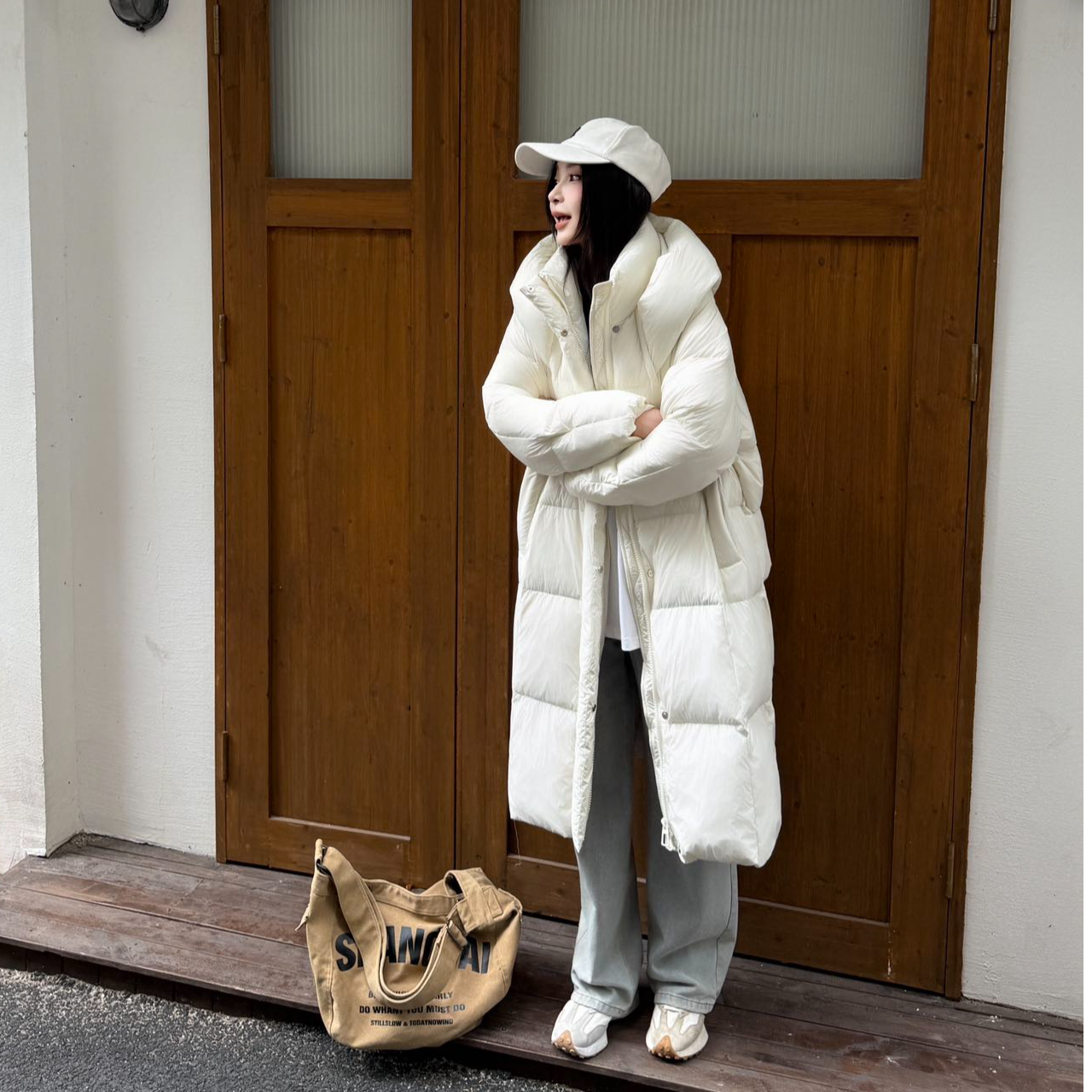 【PSX-2828】极简风短款连帽POLO领长款羽绒服时尚过膝白色