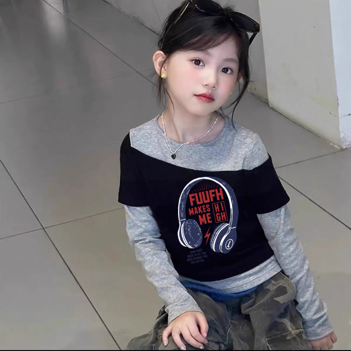 F55【小卡家童装】抽绳短款长袖t恤女童儿童百搭圆领秋季