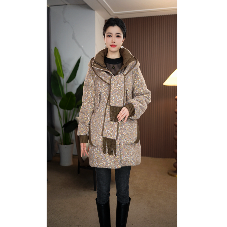 【奈娅定制】D8189-5冬季设计感围巾连帽新款优雅百搭白鸭绒羽绒服