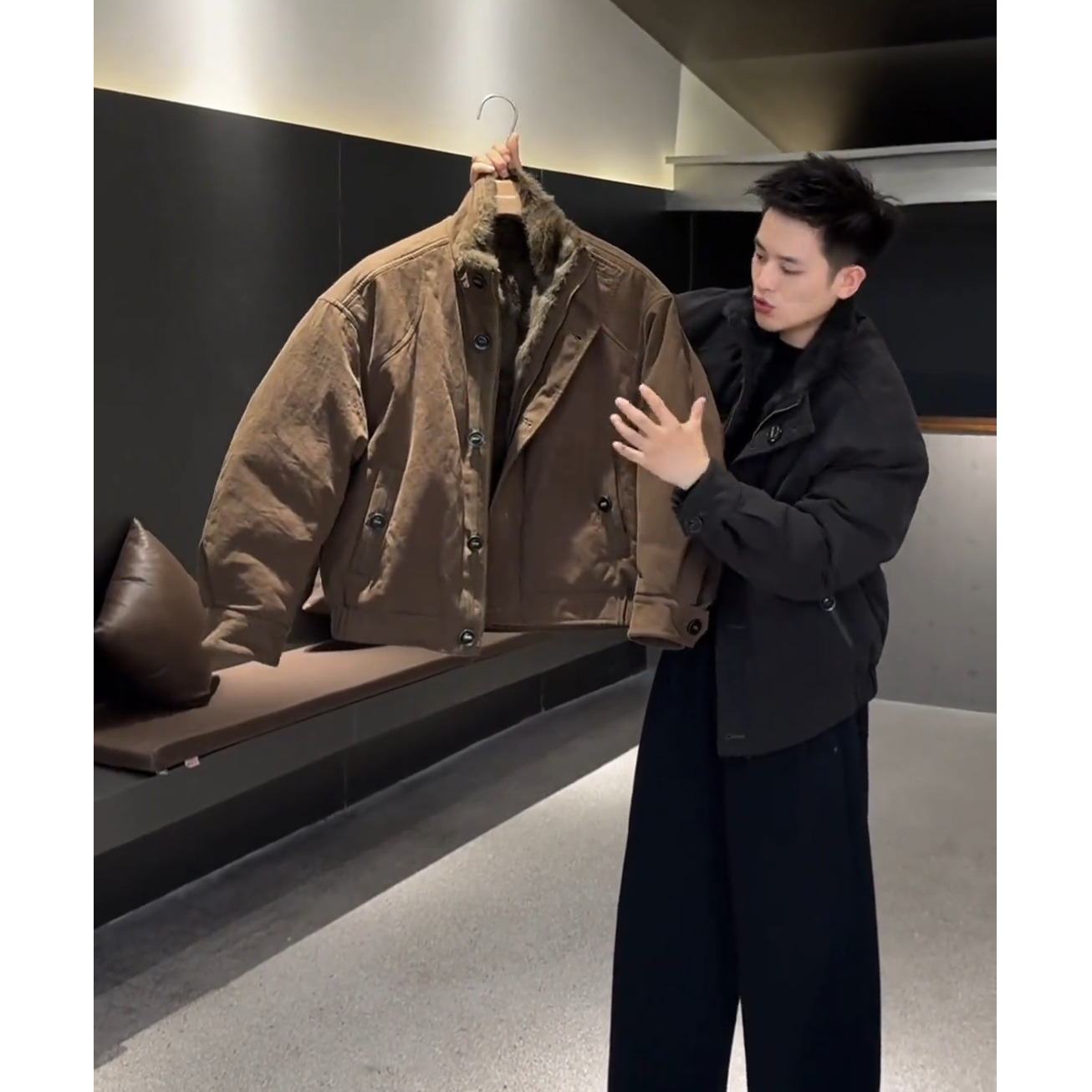 冬季复古纯棉面料真兔毛皮草外套男士时尚立领保暖90白鹅绒羽绒服