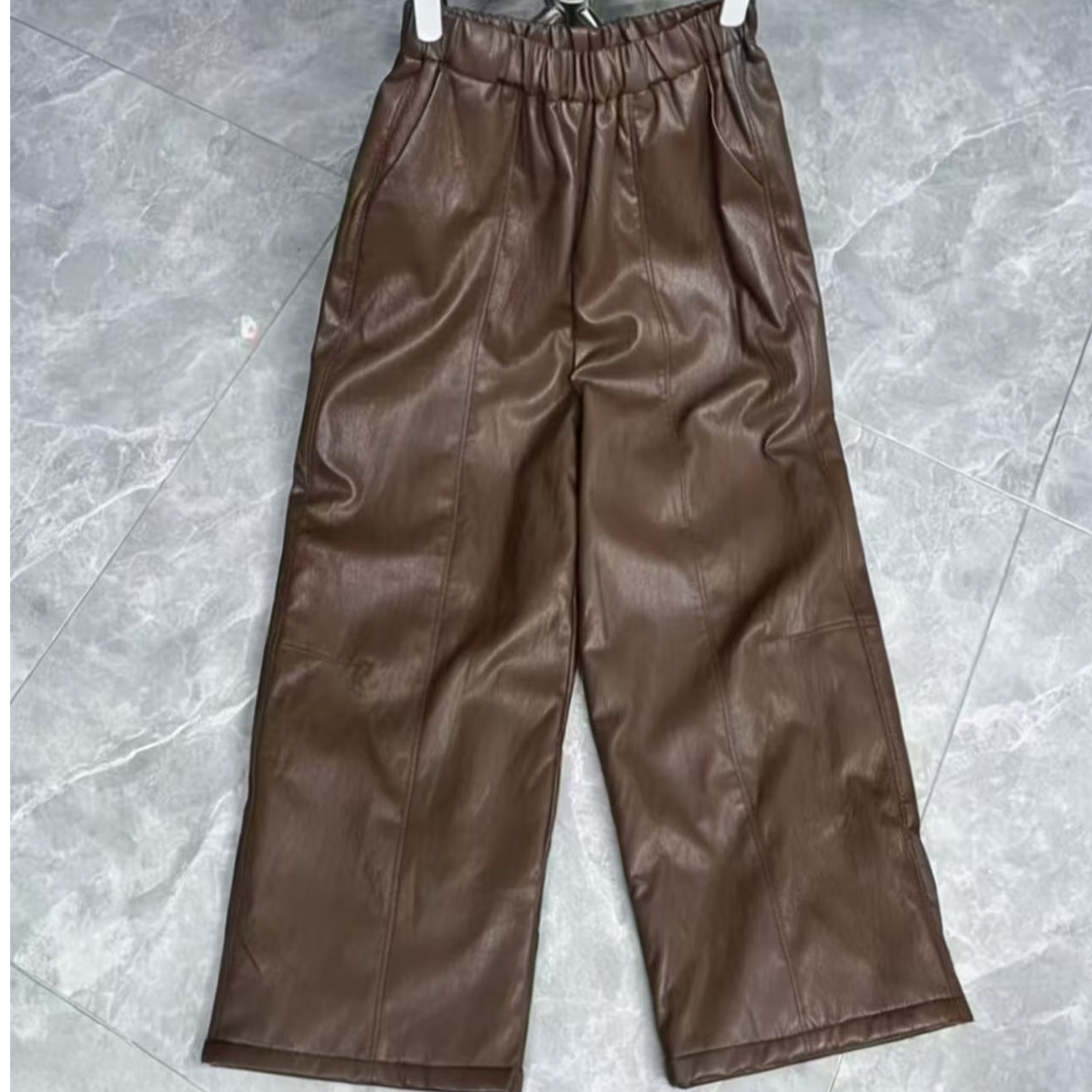 【屿祁1531】海宁新款真皮皮裤绵羊皮松紧腰阔腿裤裤显瘦直筒休闲裤