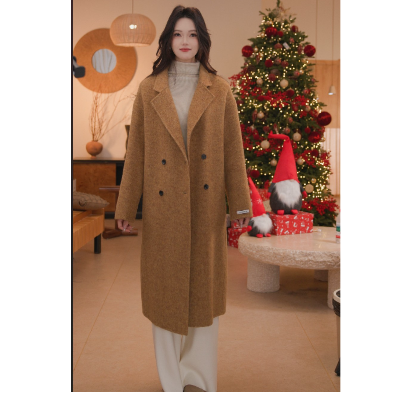 法式慵懒风双排扣翻领宽松廓形羊毛大衣配云绒马甲两件套 25902