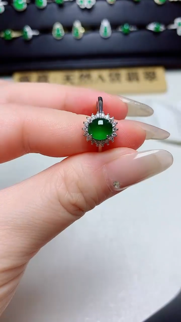 翡翠戒指银S925镶嵌天然翡翠s925银镶嵌