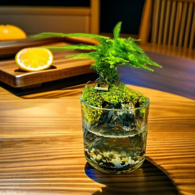 空景阁-云竹高硼玻璃圆缸天然青龙石真绿植造景（10cm*10cm)