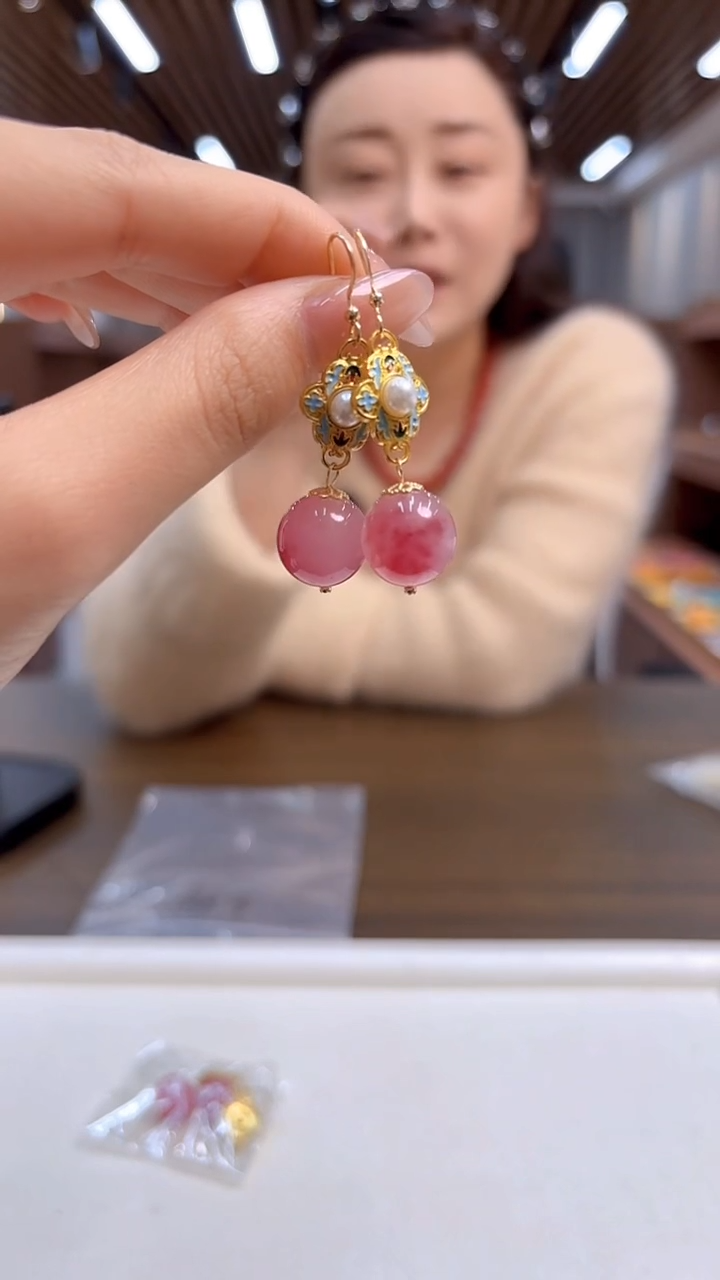 14K金镶嵌耳饰芙蓉石DIY款E890