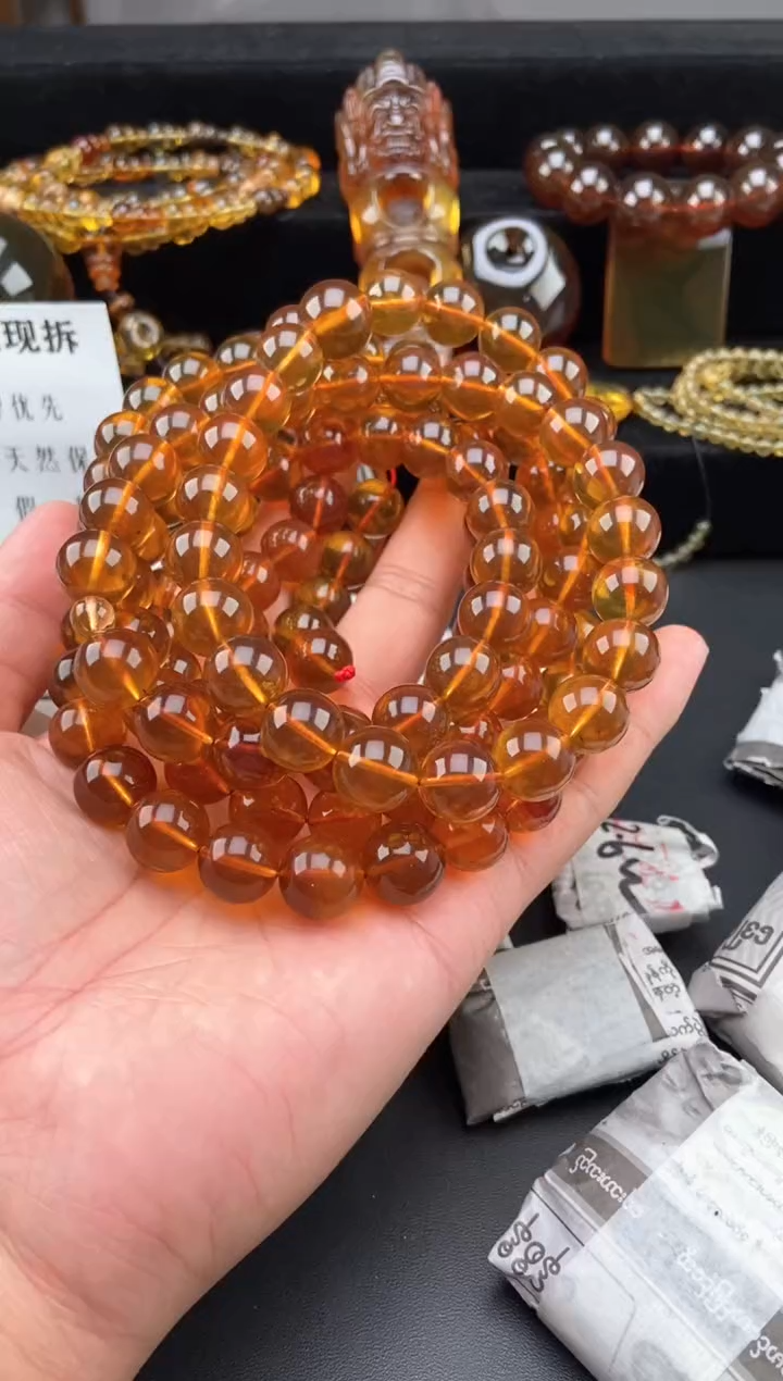 【闪购商品】琥珀手链未镶嵌金棕红108多圈项链