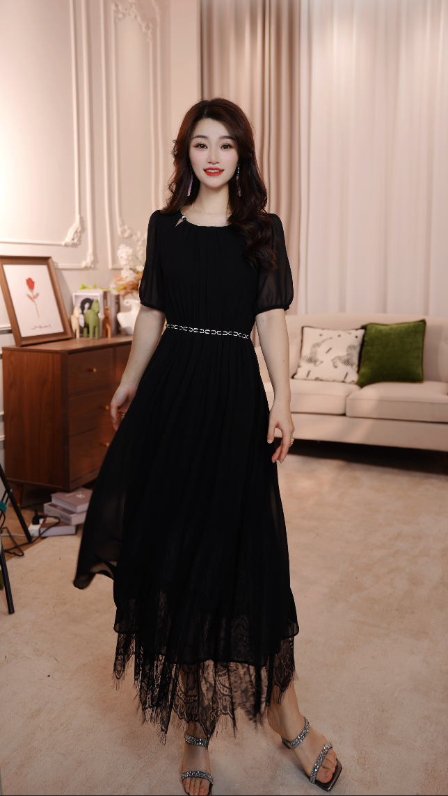 【黑玫瑰】25年时尚名媛风优雅气质收腰高端连衣裙